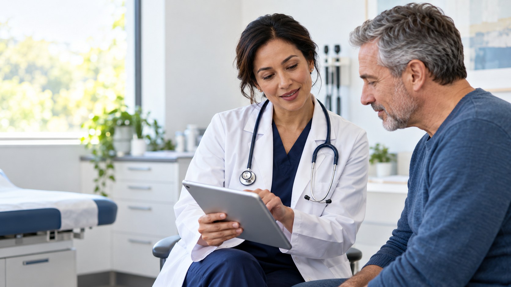 Healthcare professional speaking with a patient in a bright consultation room